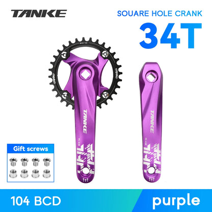 TANKE Bicycle Crank Square Hole Sprocket 104BCD 170mm Red Black Crank Round 32/34/36/38/40/42/44T Narrow Chainrings MTB Crankset