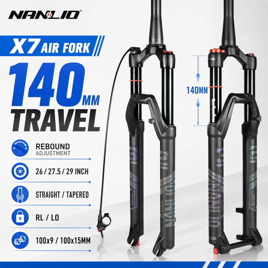 NANLIO X7 PRO MTB Air Suspension Fork 26/27.5/29er 120/140mm Rebound Remote Lockout Straight/Tapered 100x9/100x15mm QR/Thru Axle