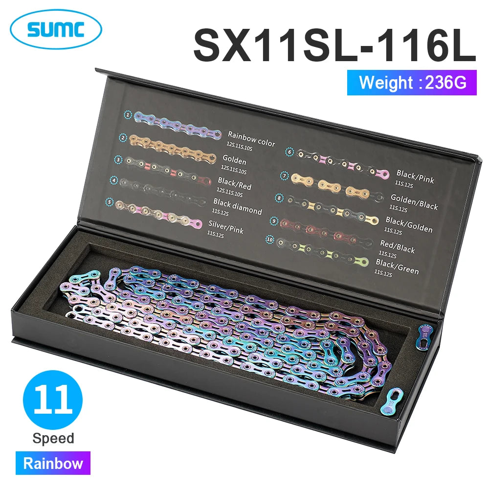 SUMC Bicycle Chain 9 10 11 12 Speed 9s 10s 11s 12s Titanium Ultralight MTB Mountain Road Bike Chains Gold Rainbow Bike Chain