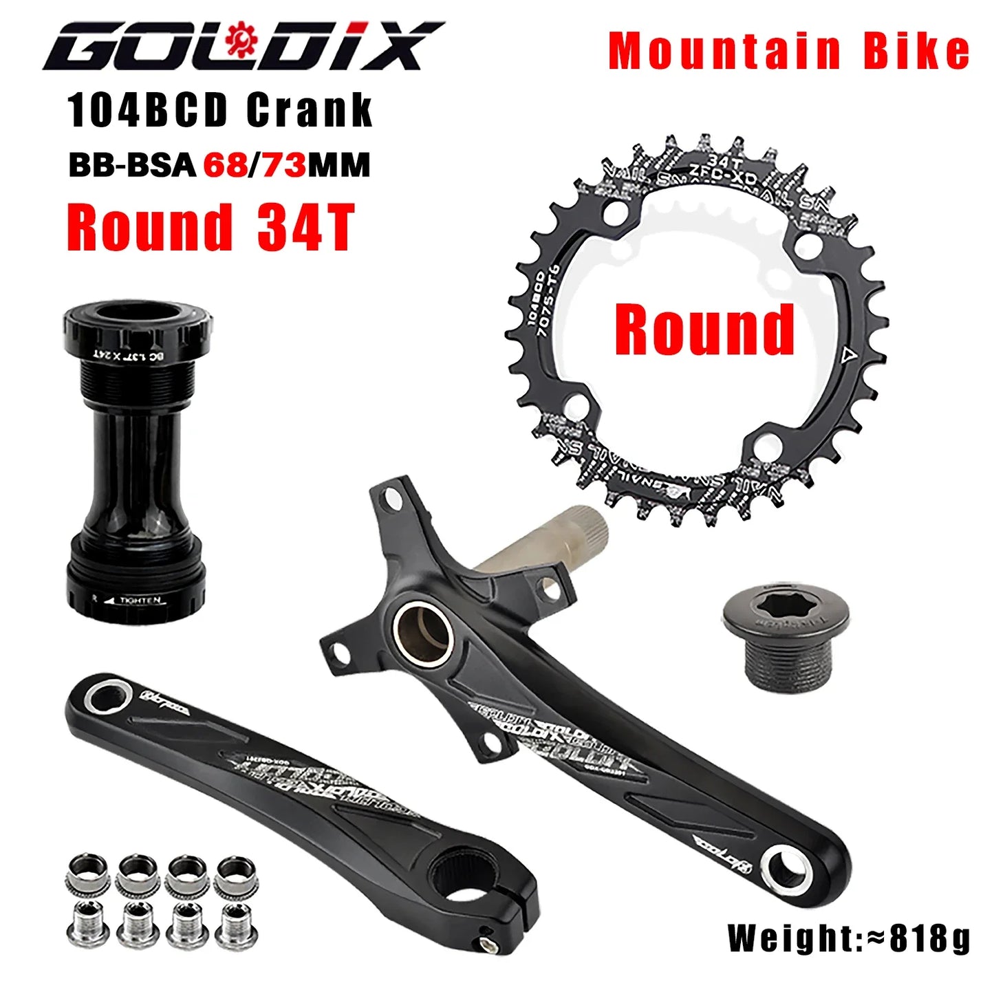 GOLDIX 104BCD Wide and narrow teeth bicycle crankset 170/175mm crank Round/Oval chain ring 32T/34T/36T/38T Bicycle crankset