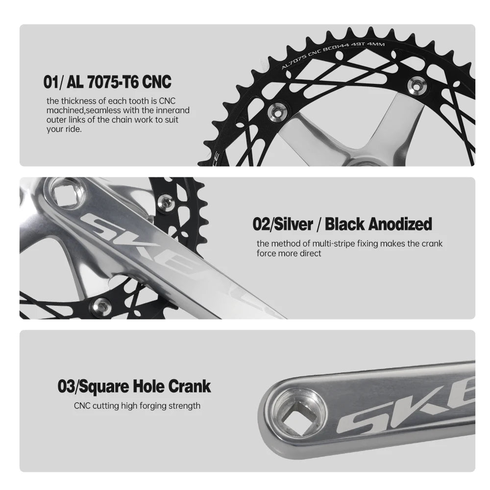 SKEACE 48T/49T Aluminum Alloy Bicycle Crank Set 144BCD Single Speed Crank Chain Wheel 165mm Crank Road Fix Gear Track Bicycle