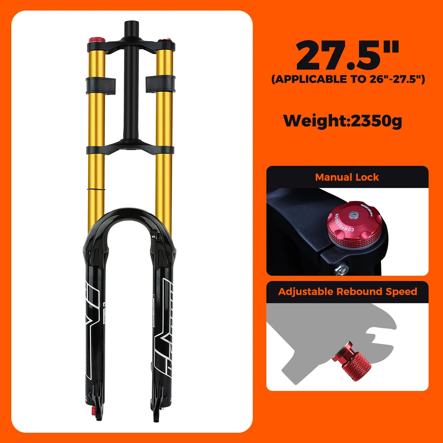 BOLANY Double Crown Bicycle Air Fork 27.5 29 inch MTB Air Suspension 9x100mm Quick Release Axle Sponge Lubrication Bike Fork