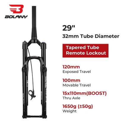 BOLANY MTB Air Fork 26/27.5/29 Inch Tapered Suspension Fork Rebound Adjustable 15x110mm Boost MTB Air Fork Thru Axle Disc Brake