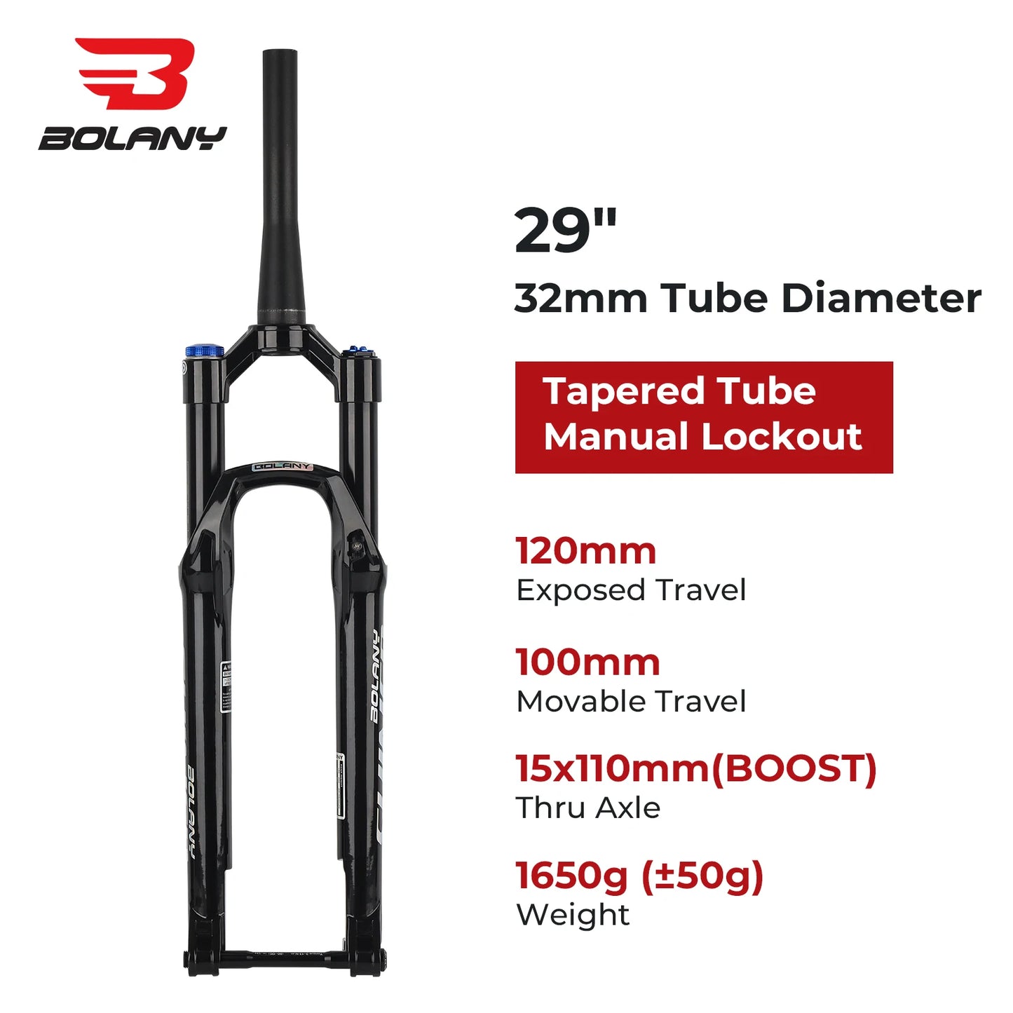 BOLANY MTB Air Fork 26/27.5/29 Inch Tapered Suspension Fork Rebound Adjustable 15x110mm Boost MTB Air Fork Thru Axle Disc Brake