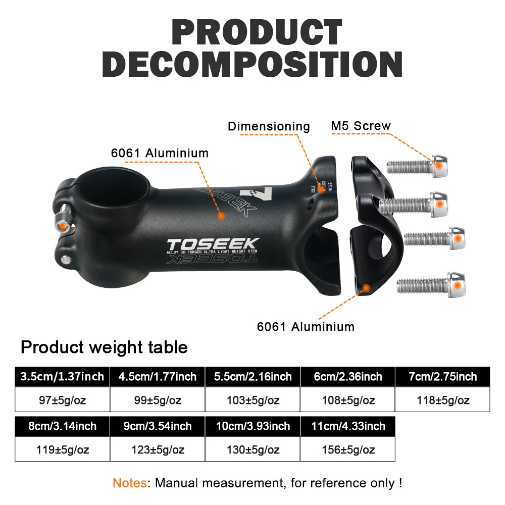TOSEEK Bicycle Handlebar Stem 60/70/80/90/100mm MTB Stem 28.6mm 31.8mm Negative Power Mtb Lightweight Road Bike Table