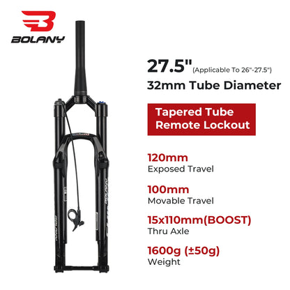 BOLANY MTB Air Fork 27.5 29Inch Air Oil Suspension Boost 15x110 Thru Axle Lightweight Bike Fork R29 Damping Rebound Adjustable