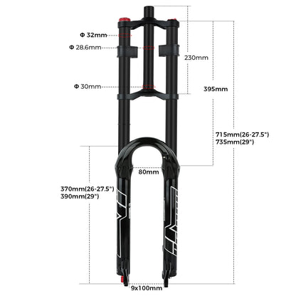 BOLANY Double Crown Bicycle Air Fork 27.5 29 inch MTB Air Suspension 9x100mm Quick Release Axle Sponge Lubrication Bike Fork