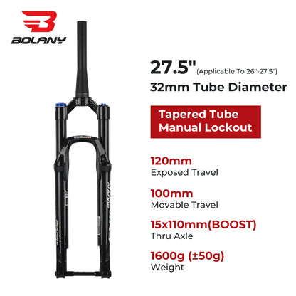 BOLANY MTB Air Fork 26/27.5/29 Inch Tapered Suspension Fork Rebound Adjustable 15x110mm Boost MTB Air Fork Thru Axle Disc Brake
