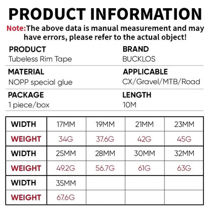 BUCKLOS MTB Bicycle Tubeless Rim Tapes 10M MTB Tire Liner Vacuum Tire Pad 17-35MM Road Bike Rim Tape Strips Cycling Wheel