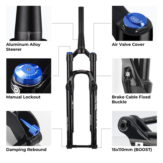 BOLANY MTB Air Fork 26/27.5/29 Inch Tapered Suspension Fork Rebound Adjustable 15x110mm Boost MTB Air Fork Thru Axle Disc Brake