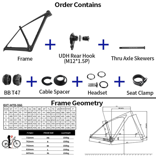BXT T1000 Carbon MTB Bike Frame 29er UDH Hanger 12x148mm Boost Full Internal Routing BSA T47 Hardtail Mountain Frame Hot Sale