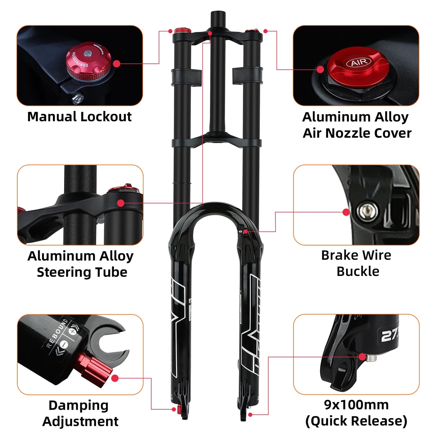BOLANY Double Crown Bicycle Air Fork 27.5 29 inch MTB Air Suspension 9x100mm Quick Release Axle Sponge Lubrication Bike Fork