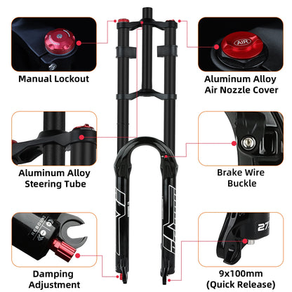BOLANY Double Crown Bicycle Air Fork 27.5 29 inch MTB Air Suspension 9x100mm Quick Release Axle Sponge Lubrication Bike Fork