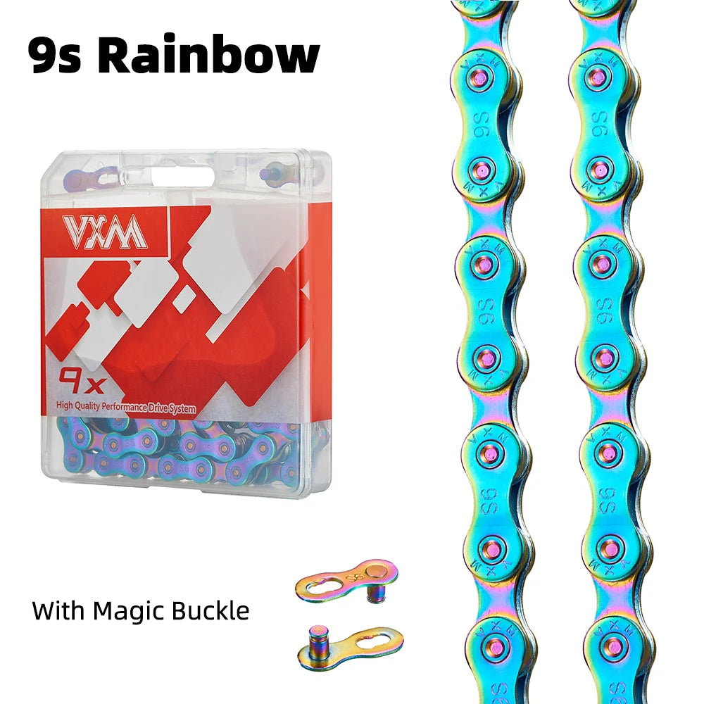 VXM Bicycle Chain Multi-Colored Rainbow 6/7/8/9/10/11 Speed Magic Buckle Road Bike and MTB 116L