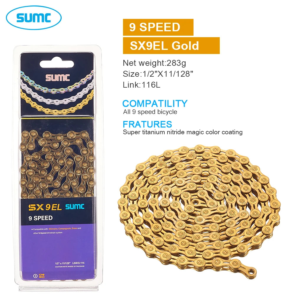 SUMC Bicycle Chain 9 10 11 12 Speed 9s 10s 11s 12s Titanium Ultralight MTB Mountain Road Bike Chains Gold Rainbow Bike Chain