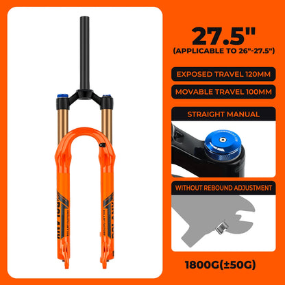 BOLANY Bike Air Fork 27.5/29inch 120mm Travel Oil Air Suspension Lightweight Magnesium Alloy Quick Release Bicycle Fork