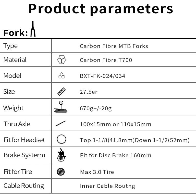 BXT Full Carbon Mountain Bike Fork, Thru Axle, MTB Bicycle, Inside Outside Cable Line, 110x15mm, 100x15mm