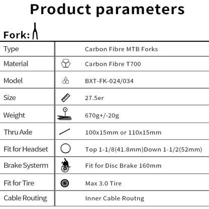 BXT Full Carbon Mountain Bike Fork, Thru Axle, MTB Bicycle, Inside Outside Cable Line, 110x15mm, 100x15mm