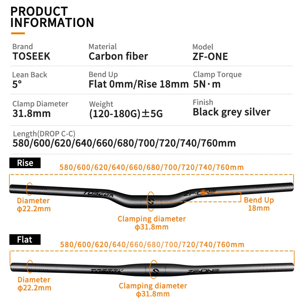 TOSEEK ZF-ONE Full Carbon Fiber Bike MTB Handlebar 31.8mm